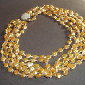 ONE OF A KIND 5 STRAND YELLOW COIN PEARL & CRYSTAL NECKLACE QUARTZ CLASP